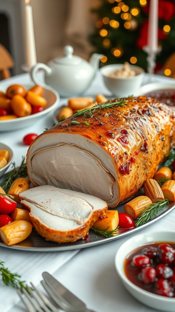 A succulent pork roast garnished with herbs on a festive table with side dishes for Christmas dinner.